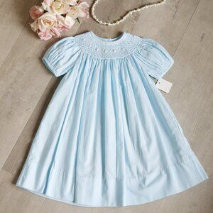 Smocked Dress Strasburg Aqua with Pink Embroidery Size 6/9 Month 100% Cotton